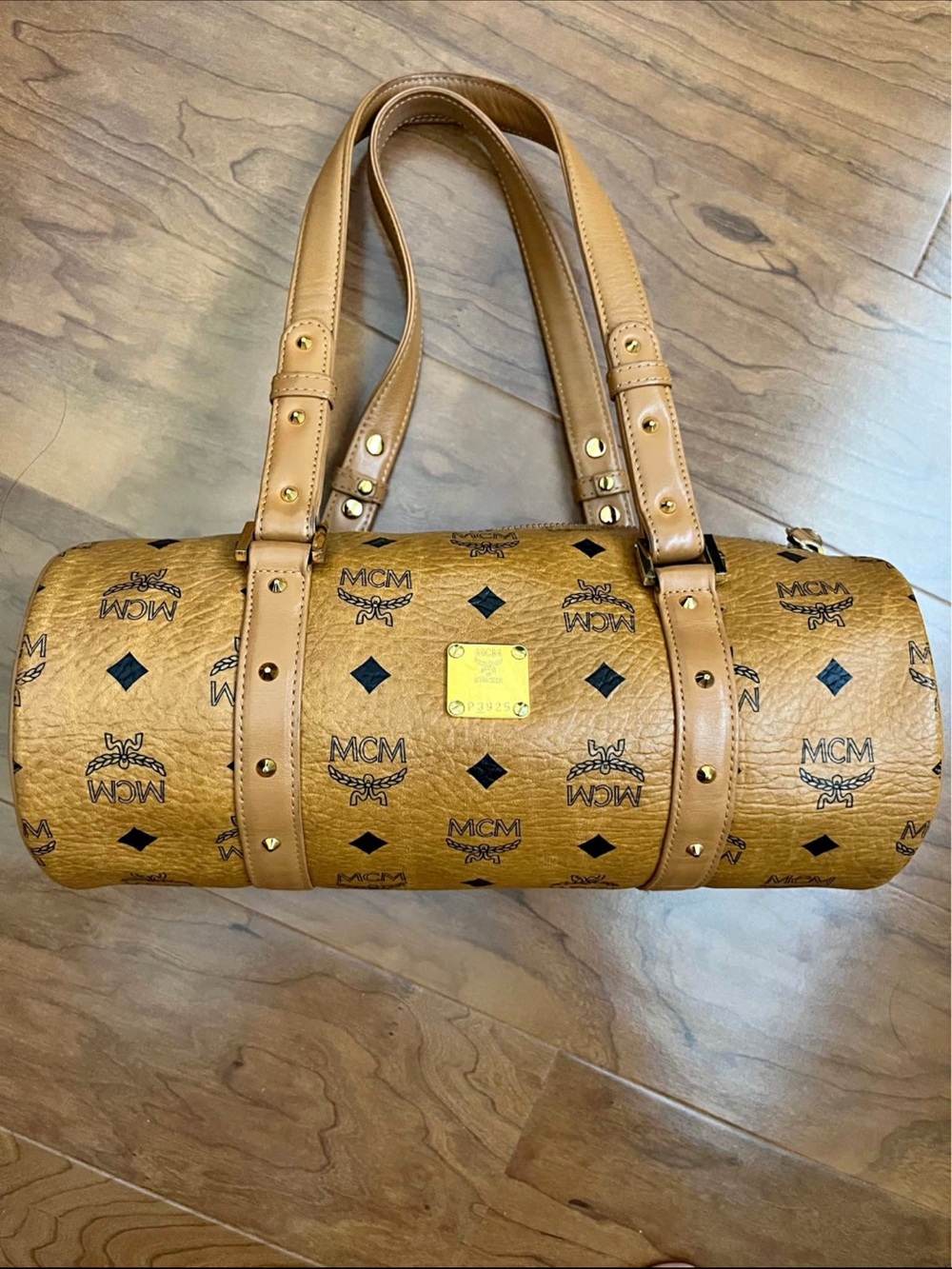 MCM Visetos Barrel Tote in Cognac